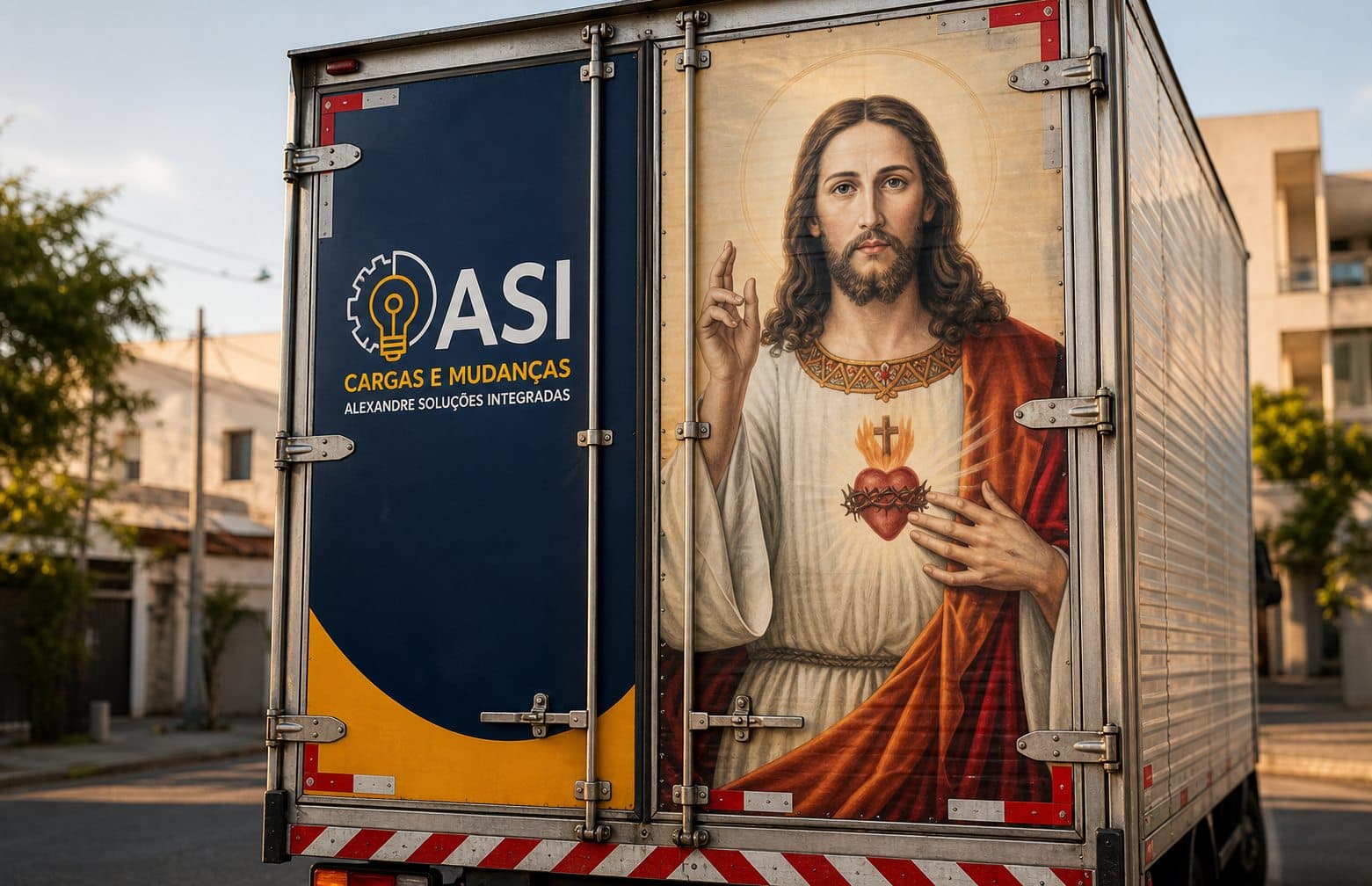 Porta traseira do caminhão ASI com identidade Alexandre Soluções Integradas